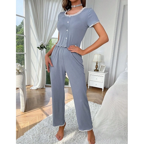 Set Pigiama Dolce Da Donna Estivo Top A Maniche Corte E Pantaloni Lunghi Abbigliamento Da Casa Blu Fumoso Comoda Maglia A Costine Con Bordo In Pizzo