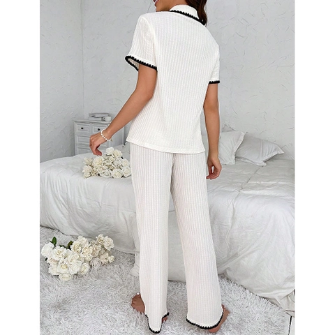 Pigiama Casual da Donna con Bordo Smerlato Trama a Coste Top a Maniche Corte con Rever e Pantaloni Lunghi Abbigliamento da Notte