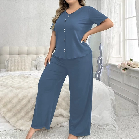 Ropa de Descanso Tallas Extras Mujer Pijama Poliéster Acanalado Manga Corta Parte Superior E Inferior Cuello Redondo Pijama Casual Cómodo