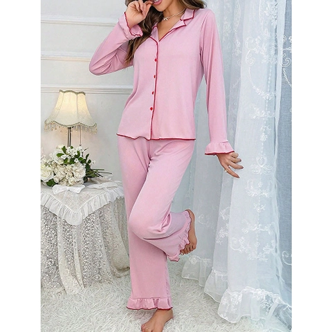 Ensemble de Pyjama Rose Doux pour Femmes Bordure à Volants Haut à Manches Longues Boutonné Et Pantalon Long Vêtements de Nuit