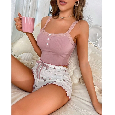 Set Pigiama da Donna Dolce Canotta a Costine con Pizzo e Pantaloncini a Volant con Stampa Floreale Abbigliamento da Casa Casual