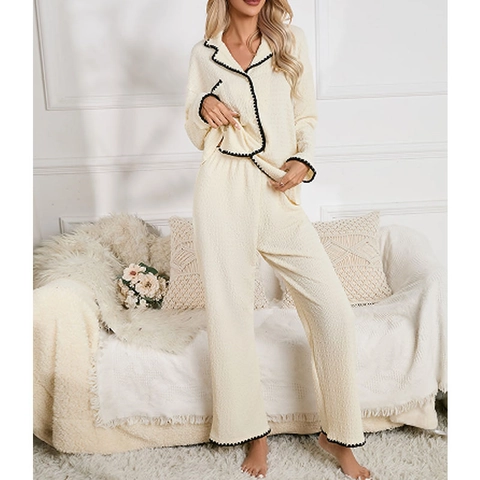 Pijama de Punto de Gofre Elegante para Mujer Con Borde Festoneado Top de Manga Larga Y Pantalones Lounge Wear Beige