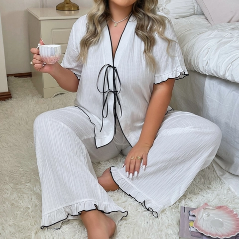 Set Pigiama Donna Taglie Forti Bianco Crepe Manica Corta Scollo a V e Pantaloni Lunghi Abbigliamento da Casa Con Bordatura