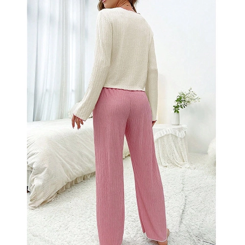 Women Sweet Elegant Pajama Set Lapel Long Sleeve Button Up Top And Wide Leg Pants Two Piece Textured Home Wear Set