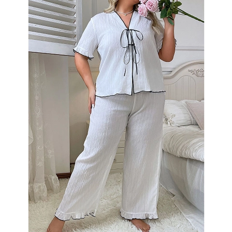 Set Pigiama Donna Taglie Forti Bianco Crepe Manica Corta Scollo a V e Pantaloni Lunghi Abbigliamento da Casa Con Bordatura