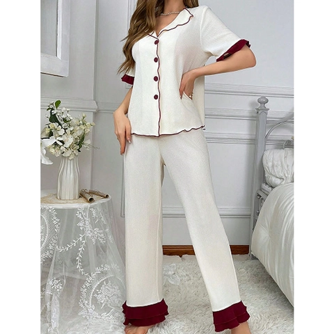 Γυναικείο Casual Σετ Πιτζάμας Πλεκτή Υφή Βάφλας Κοντό Μανίκι Μπλούζα Με Κουμπιά Και Μακρύ Παντελόνι Κυματιστό Τελείωμα Μπεζ