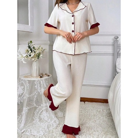 Women Sweet Ruffle Pajamas Set Contrast Trim Button Down Short Sleeve Top And Long Pants Beige Cotton Blend Sleepwear