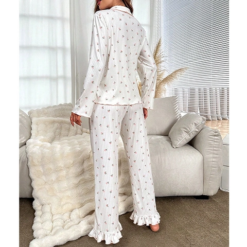 Top Y Pantalones De Pijama De Satén Con Flores Dulces Para Mujer Manga Larga Solapa Dobladillo Con Volantes Ropa De Estar
