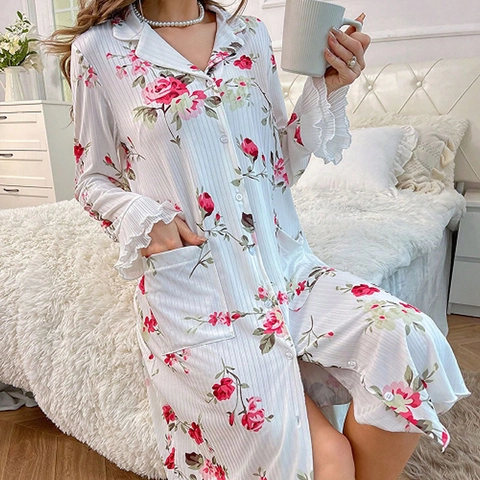 Women's Long Sleeve Floral Nightgown Lapel Button Down Rose Print Sleep Dress With Pockets Ruffle Cuffs Comfortable Homewear