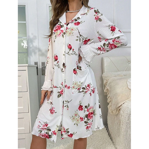 Women's Long Sleeve Floral Nightgown Lapel Button Down Rose Print Sleep Dress With Pockets Ruffle Cuffs Comfortable Homewear