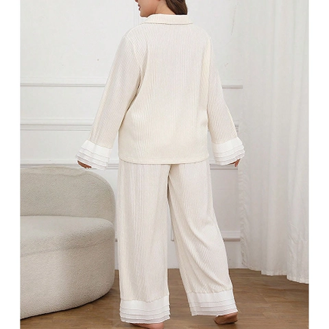 Abbigliamento da Casa Taglie Forti Donna Beige a Costine Top e Pantaloni Con Volant Elegante Pigiama Cardigan a Maniche Lunghe
