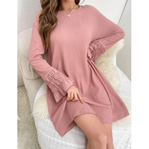 Camisón Minimalista de Manga Larga con Cuello Redondo y Puños con Volantes Elegante Vestido Casual de Color Sólido en Tela Texturizada para Mujer