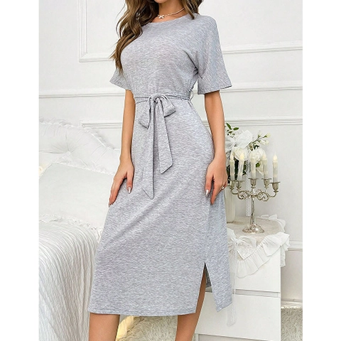 Vestito da Casa Casual da Donna in Misto Cotone Girocollo Manica Corta Laccio in Vita Spacco Laterale Camicia da Notte Grigia