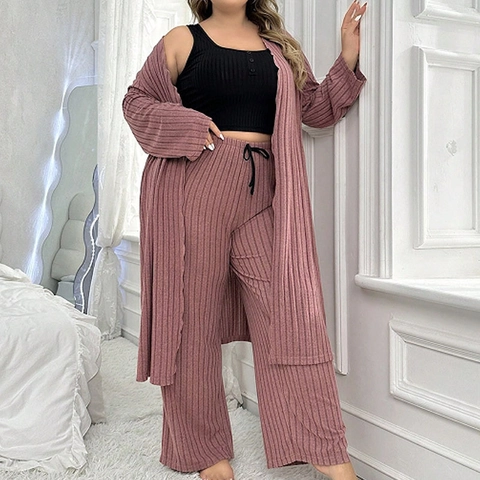 Conjunto de Pijama de Talla Grande para Mujer Cárdigan de Punto de Canalé Camisola Y Pantalones de Pierna Ancha Elegante