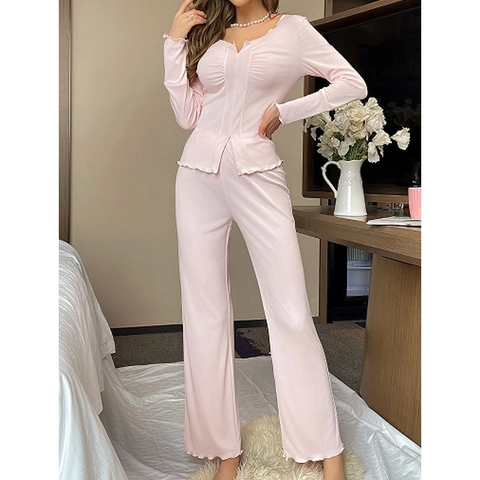 Conjunto de Pijama Acanalado para Mujer Top Y Pantalón Borde Ondulado Cuello en V Manga Larga Color Sólido
