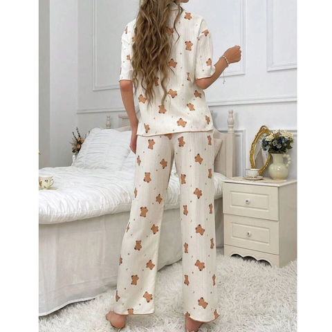 Damen Schlafanzug Kurzarm Top Und Lange Hose Baumwollmischung Cartoon Bären Print Revers Geknöpft Nachtwäsche Loungewear