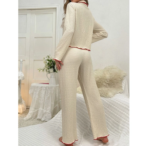 Conjunto de Pijama para Mujer Seersucker Textura Arrugada Top de Manga Larga y Pantalón Borde Ondulado Ropa de Dormir