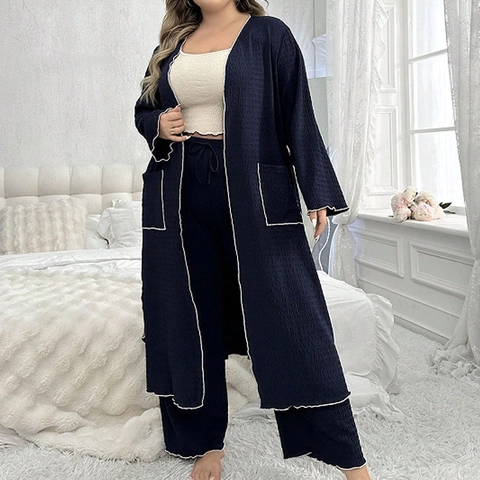Plus Size Women Lounge Set 3 Piece Waffle Knit Long Robe Camisole And Wide Leg Pants Navy Blue Homewear Nightwear