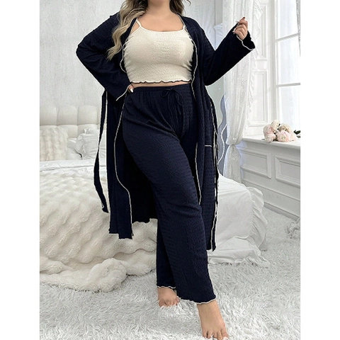 Plus Size Women Lounge Set 3 Piece Waffle Knit Long Robe Camisole And Wide Leg Pants Navy Blue Homewear Nightwear