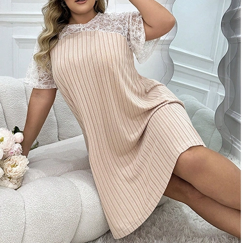 Damen Übergröße Nachthemd Spitze Stitching Herzmuster Gerippter Stoff Aprikose Sommer Kurzarm Locker Loungewear Hauskleid