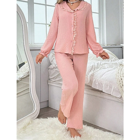 Ensemble de Pyjama Décontracté pour Femmes Mélange de Coton Texture Gaufre Garniture à Volants Col Claudine Haut Manches Longues et Pantalon