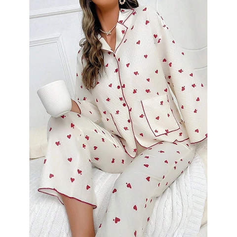 Damen Süß Herz Druck Pyjama Set Langarm Waffelstruktur Reverskragen Knopf Lounge Nachtwäsche Oberteil Und Hose Zweiteiler Beige