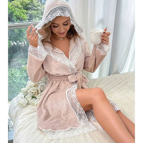 Women Coral Fleece Hooded Nightrobe Elegant Lace Trim Long Sleeve Bathrobe Warm Comfortable Sleepwear Robe With Belt