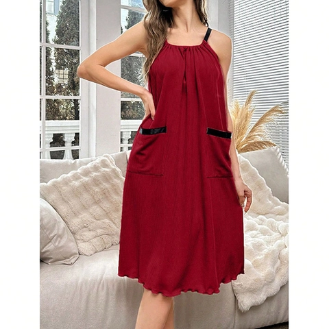 Damen Sexy Camisole Pyjama Kleid Rippstrick Ärmellos Nachthemd Locker Bequem Home Wear Schlafanzug Mit Taschen Wellensaum