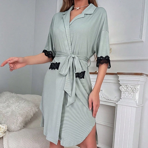 Women's Elegant Light Green Nightgown Short Sleeve Lace Patchwork Robe With Tie-Waist Lapel Collar Soft Loungewear Sleepwear