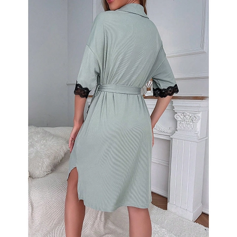 Women's Elegant Light Green Nightgown Short Sleeve Lace Patchwork Robe With Tie-Waist Lapel Collar Soft Loungewear Sleepwear