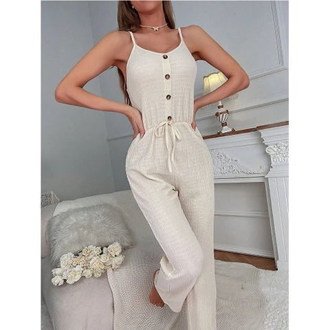Combinaison Décontractée à Bretelles Spaghetti pour Femmes Jambes Larges Boutons Coulisse Taille Tricot Côtelé Sans Manches
