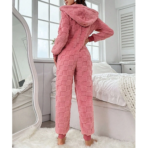Women Hooded Onesie Pajamas Coral Fleece Zipper Loungewear Plaid Textured Thick Warm Sleepwear Long Sleeve Jumpsuit Nightwear