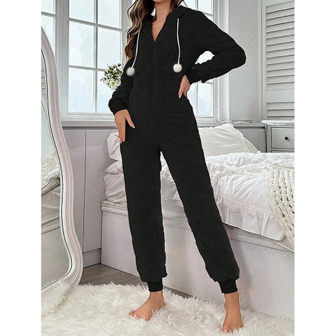 Women Thickened Coral Fleece Jumpsuit Pajamas Hooded One Piece Sleepwear With Checkered Pattern Soft Warm Winter Home Wear