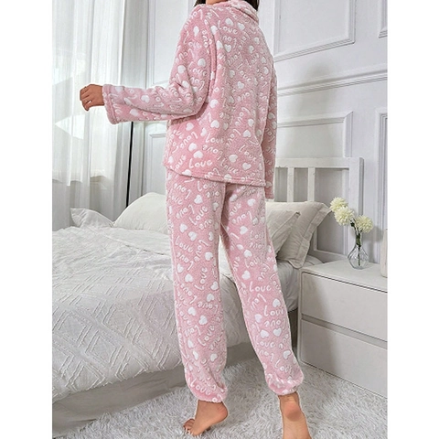 Women Pink Flannel Pajamas Heart Love Pattern Half Zip Long Sleeve Top And Pants Warm Winter Autumn Loungewear Nightwear