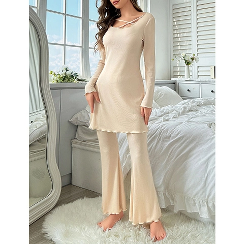 Completo Relax da Donna in Maglia a Coste Top a Maniche Lunghe con Scollo Incrociato e Pantaloni a Zampa Pigiama Comodo