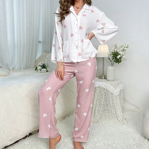 Top Y Pantalones de Pijama Dulces Para Mujer Estampado de Corazón Manga Larga Solapa Botones Seersucker Loungewear