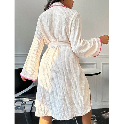 Bata de Mujer Elegante de Tejido Nido de Abeja Manga Larga con Lazo de Contraste Bordo Festoneado Ropa de Estar por Casa Pijama Largo Medio