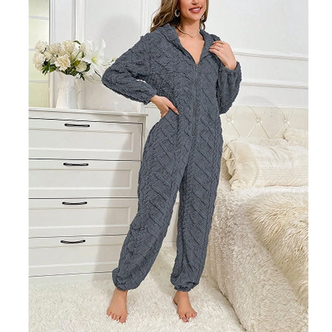 Women Warm Coral Fleece Loungewear Hooded Zipper Top And Pants Flannel Sleepwear Winter Jumpsuit Home Wear Loungewear