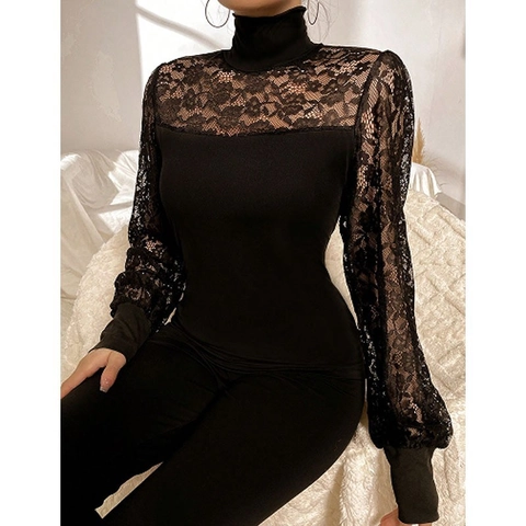 Damen Hoher Ausschnitt Spitzen-Patchwork Langarm Unterhemd Slim Fit Elegant Netzgewebe Ausschnitt Blumen Schlafanzug Top Für Alltag