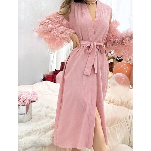 Women Pink Sweet Ruffle Mesh Sleeve Nightrobe V-Neck Tie Waist Long Sleepwear Elegant Homewear Solid Color Fashion Robe
