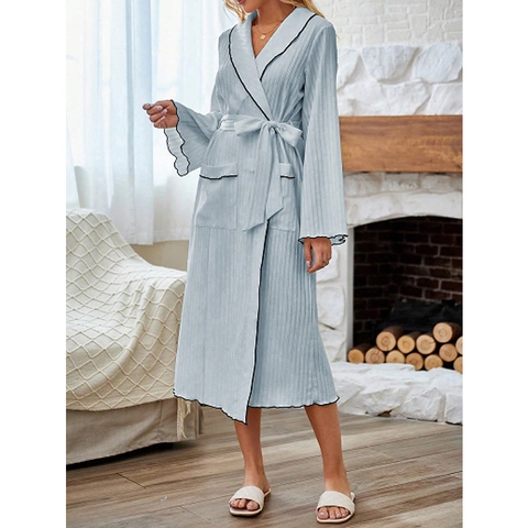 Women's Elegant Ribbed Long Robe Long Sleeve Contrast Piping Nightgown With Self-Tie Belt Soft Casual V-Neck Home Bathrobe