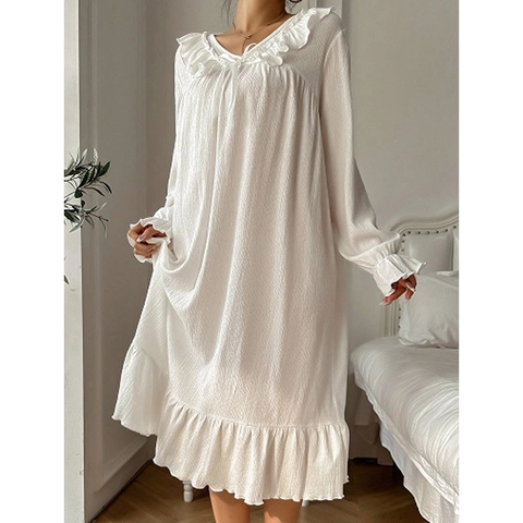 Camisón de Mujer Cuello en V Manga Larga Volantes Mangas Acampanadas Holgado Ropa de Dormir Casa Gasa Arrugada Vestido Sólido