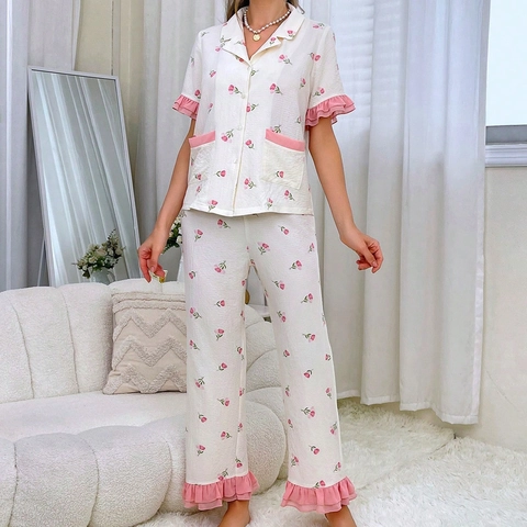 Ensemble de Pyjama Floral pour Femmes Bordure à Volants Col à Revers Boutonné Haut à Manches Courtes Pantalon Long Pyjama Doux
