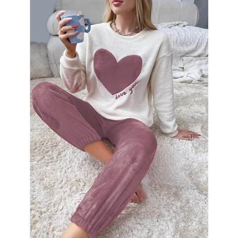 Women's Coral Fleece Pajama Set Warm Flannel Top And Pants Loungewear Heart Love You Embroidered Sleepwear Winter Home Wear