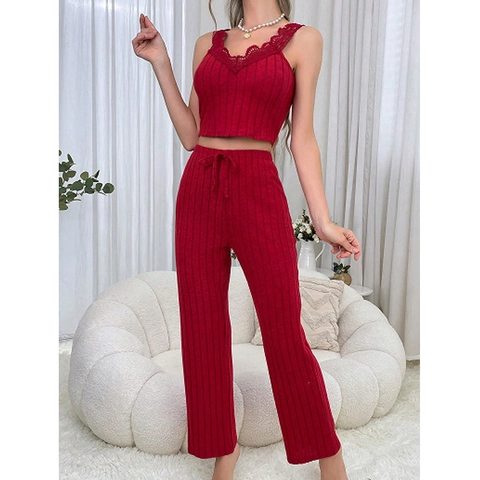 Set Pigiama da Donna a Coste con Bordo in Pizzo Canotta Senza Maniche Scollo a V Pantaloni a Gamba Larga Abbigliamento da Casa