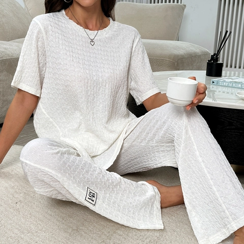 Damen Casual Loungewear Set Crinkle Textur Rundhals Kurzarm Top Und Weite Lange Hose Bequemer Schlafanzug
