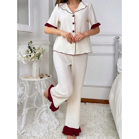 Set Pigiama da Donna con Volant Manica Corta Abbottonato con Rever e Pantaloni Lunghi Profilo a Contrasto Lounge Set