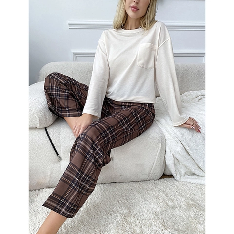 Γυναικείο Casual Σετ Loungewear Μπλούζα Φούτερ με Μακρύ Μανίκι και Στρογγυλή Λαιμόκοψη με Καρό Παντελόνι Μαλακό Σετ Πυτζάμας