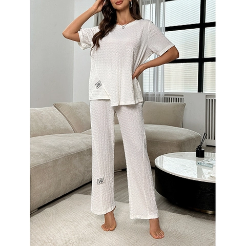 Damen Casual Loungewear Set Crinkle Textur Rundhals Kurzarm Top Und Weite Lange Hose Bequemer Schlafanzug