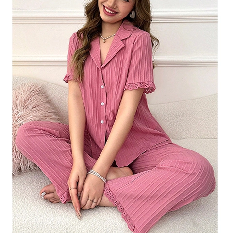 Pijama Acanalado Para Mujer Top De Manga Corta Con Solapa Y Botones Y Pantalón Largo Ropa De Casa Con Encaje Casual
